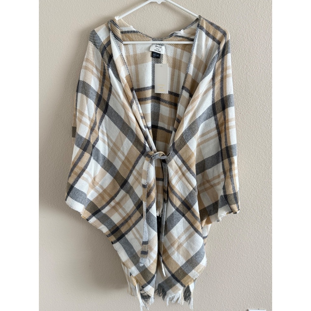 DAVID YOUNG NWT Women's Plaid‎ Poncho Wrap Fringe Tie Front Cardigan One Size